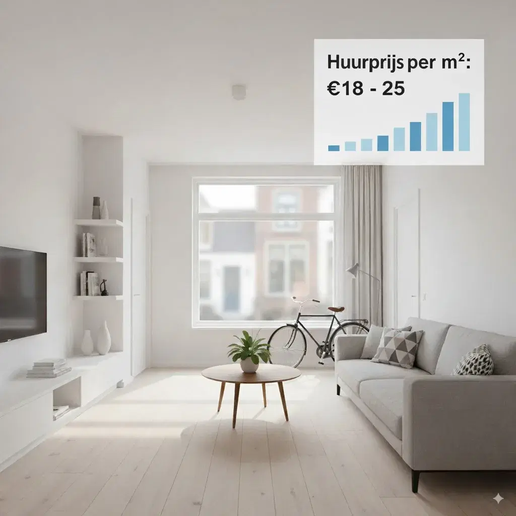 Infographic van een modern appartement in Groningen met huurprijzen per m² variërend tussen €18 en €25