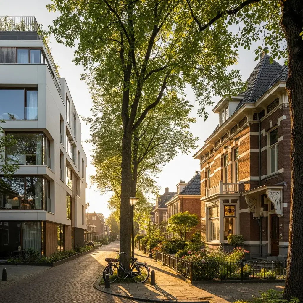 Rustige woonstraat in Hilversum met groene bomen en karakteristieke architectuur, passend bij een appartement huren in Hilversum
