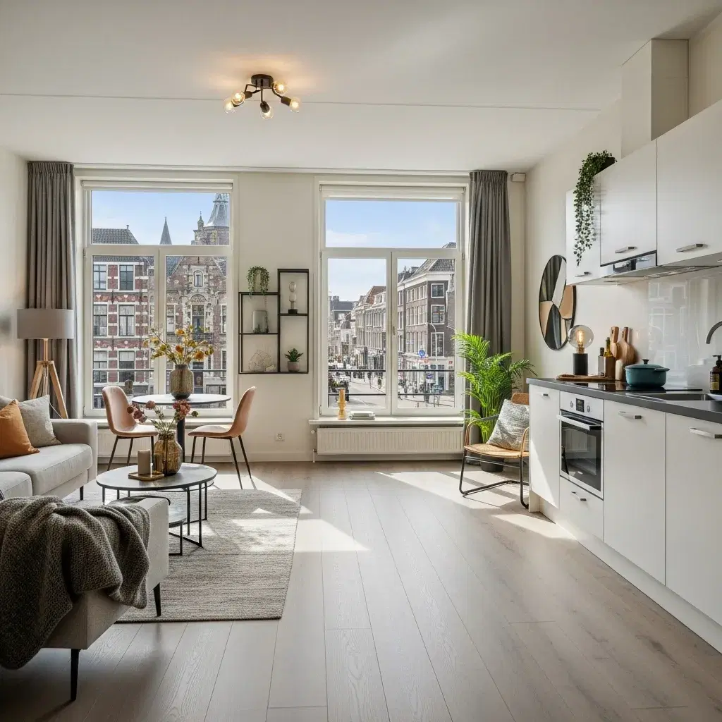 Modern appartement interieur in Amersfoort met grote ramen en uitzicht op de stad