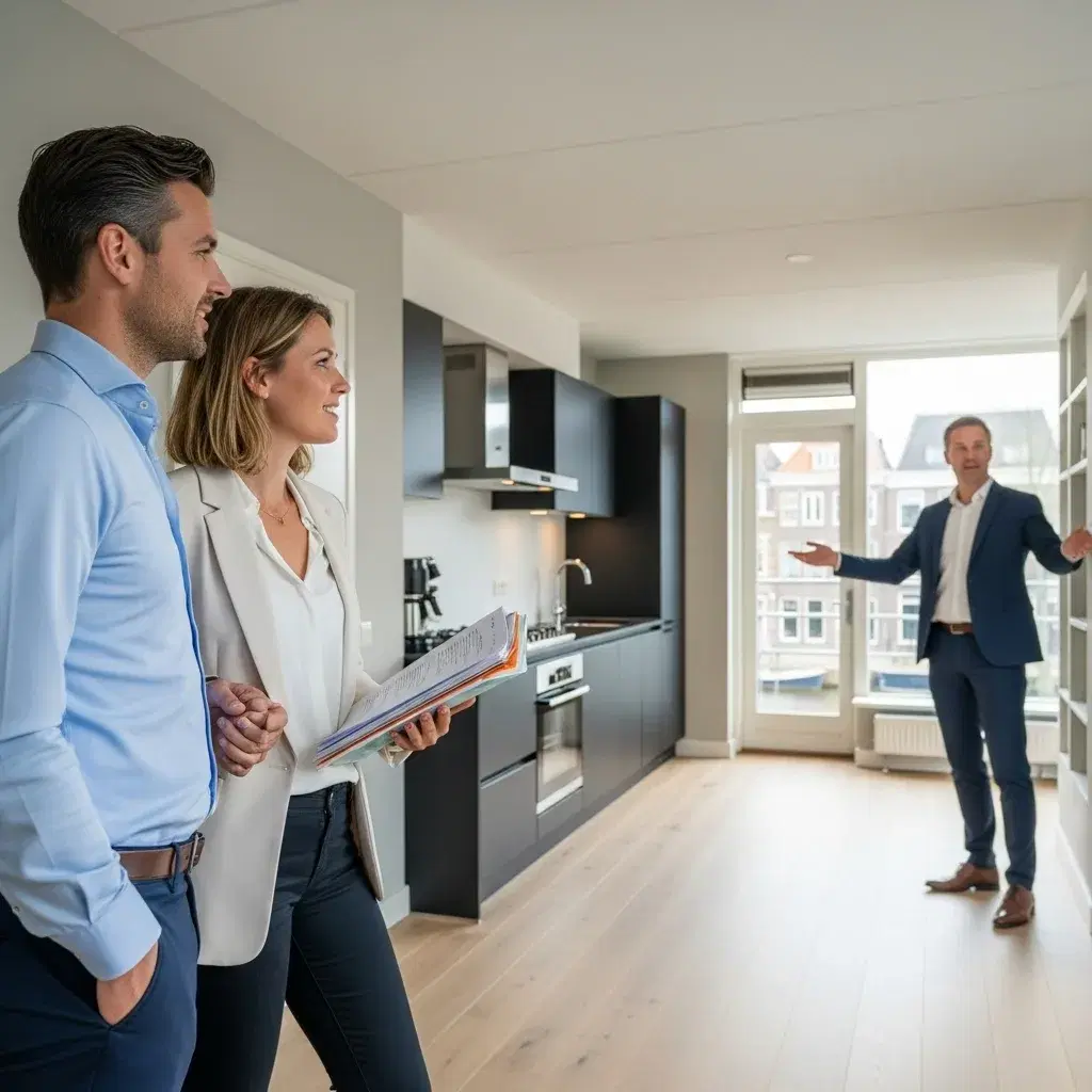 Stel met makelaar tijdens een bezichtiging van een appartement in Amersfoort, met huurdersdossier in de hand