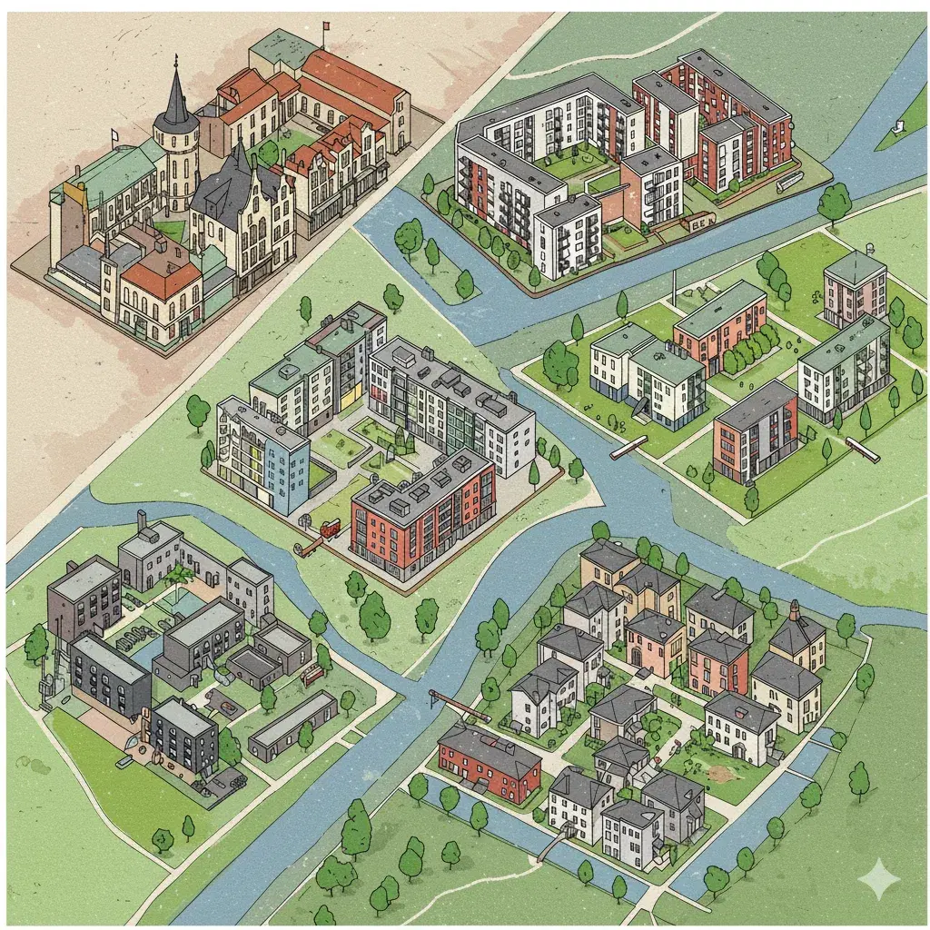 Collage van Leeuwarder wijken: historische binnenstad, groene Huizum, moderne Camminghaburen en waterrijk Zuiderburen