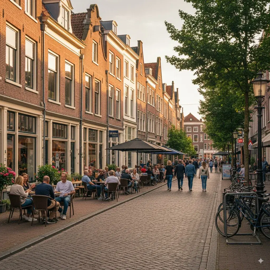Gezellige straat in Nijmegen met historische huizen, terrassen en fietsen in het stadscentrum