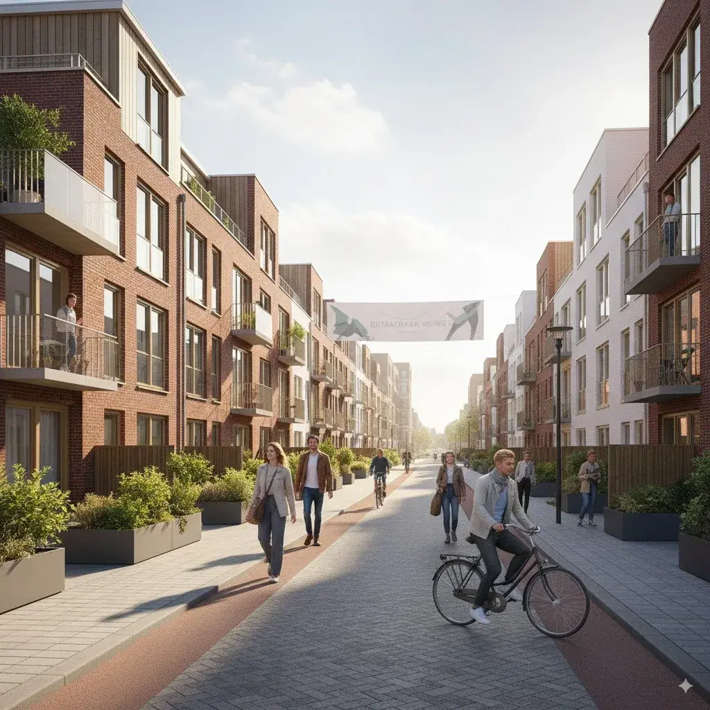 Woonstraat in Nijmegen-West met gerenoveerde appartementen en jonge bewoners op de fiets