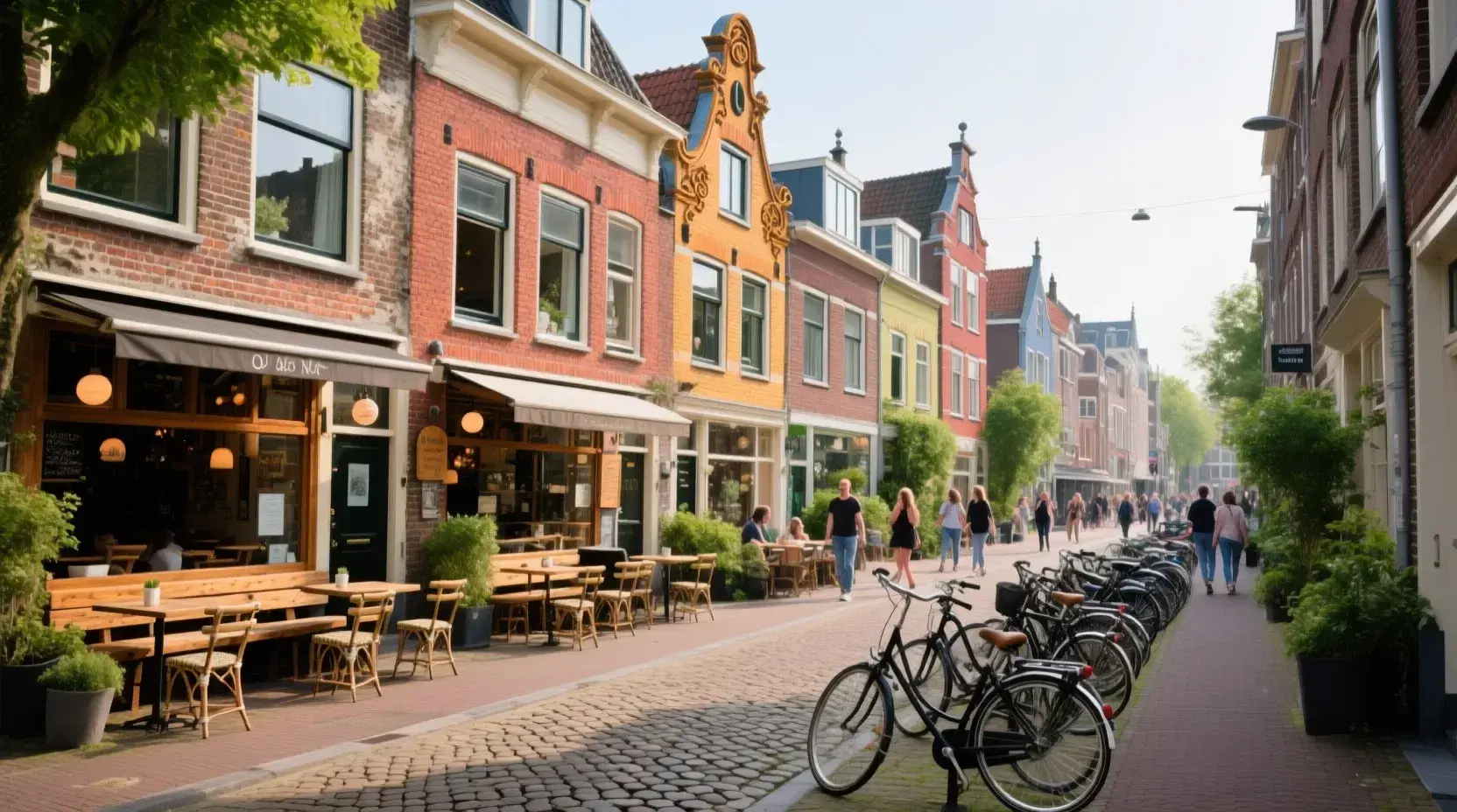 Straatscène in het Oude Noorden in Rotterdam met cafés, fietsen en kleurrijke huizen