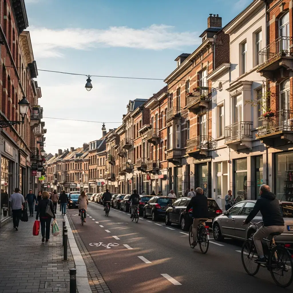 Fotorealistisch straatbeeld van Beveren-Centrum met appartementen, winkels en fietsende bewoners