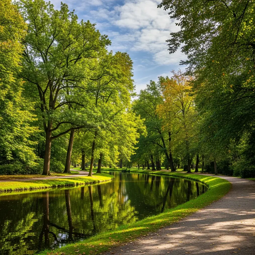 Groen parklandschap van Park Cortewalle in Beveren met bomen, wandelpaden en water