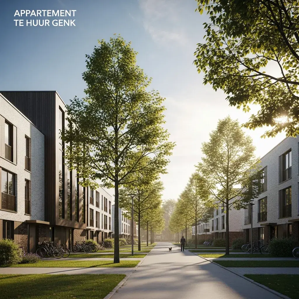 Fotorealistisch beeld van moderne appartementen te huur in Genk met groene omgeving