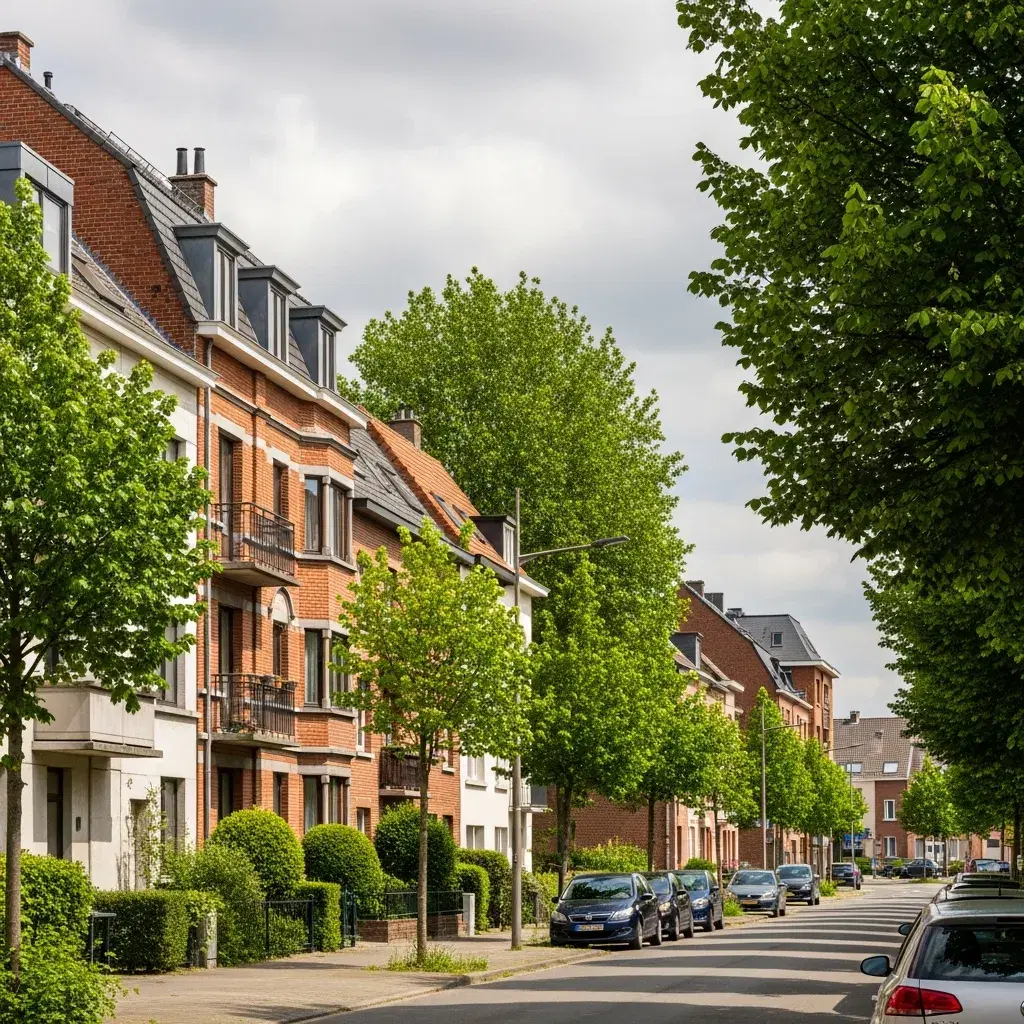 Fotorealistische straat in een typische woonwijk van Genk met appartementen en groene lanen