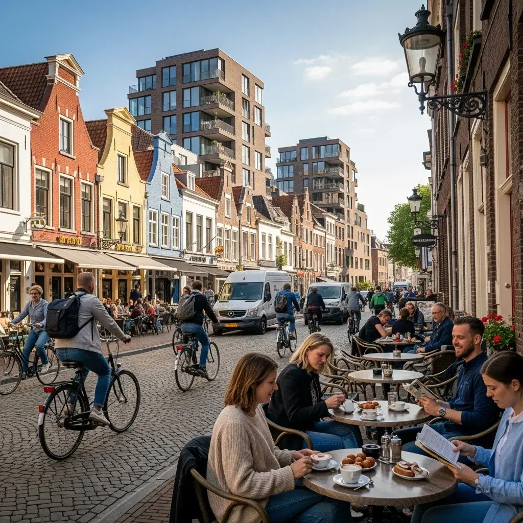 Straatbeeld van Maastricht met studenten op de fiets, cafés en historische gebouwen, ideaal voor huurappartementen