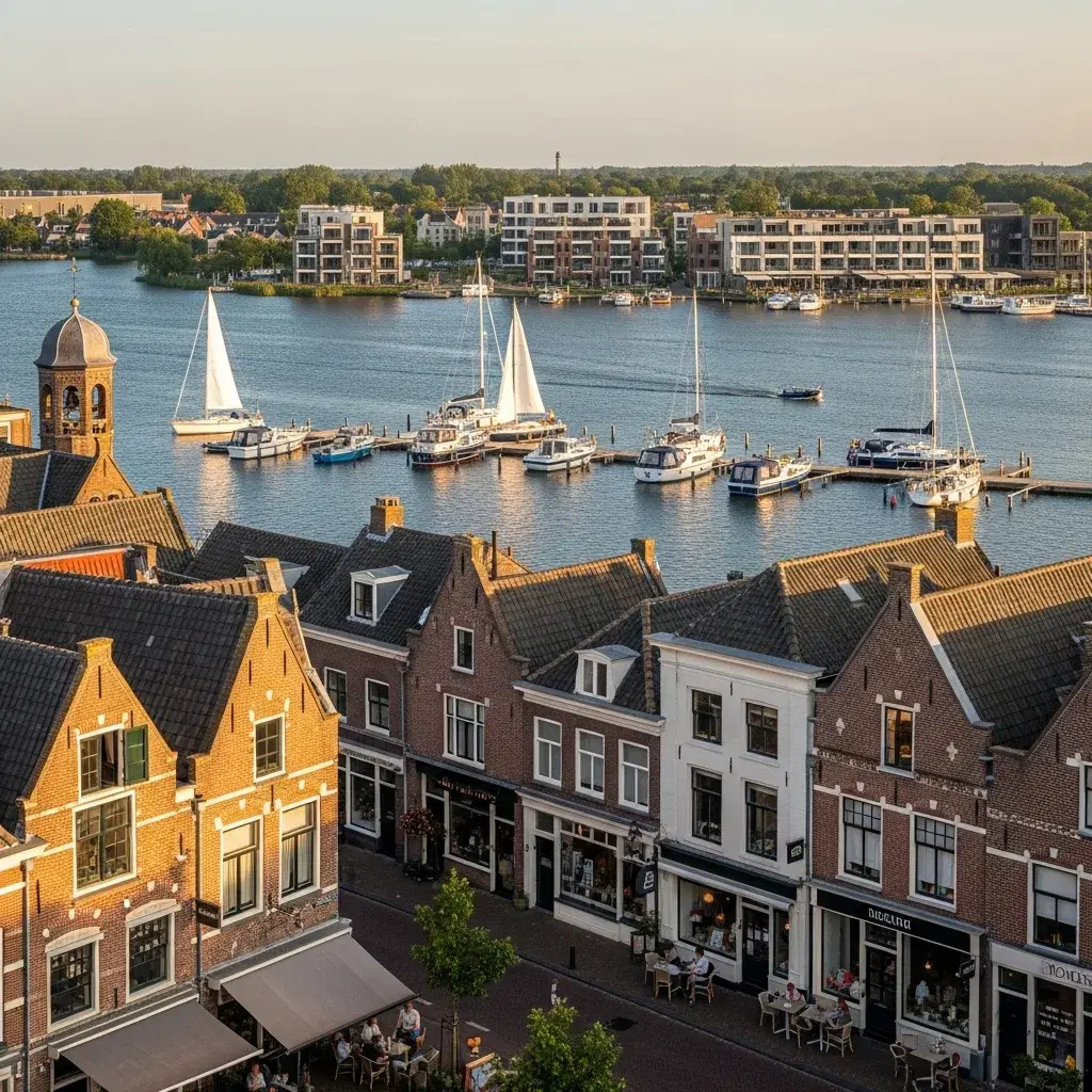 Uitzicht op Roermond met de Maasplassen, boten en appartementen aan het water, aantrekkelijke huurregio in Limburg