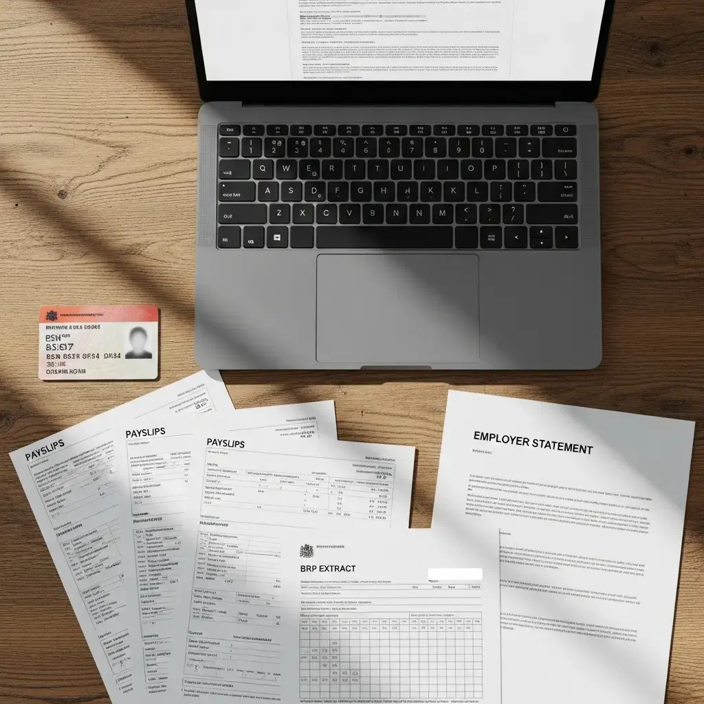 Flatlay van essentiële documenten voor een huurdossier in Groningen zoals loonstroken, werkgeversverklaring en BRP-uittreksel