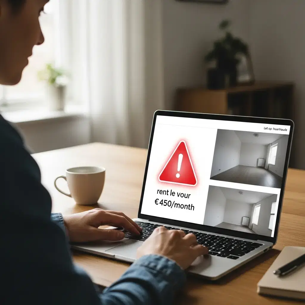 Waarschuwende scène van een verdachte huuradvertentie met een waarschuwing voor huurfraude in Groningen