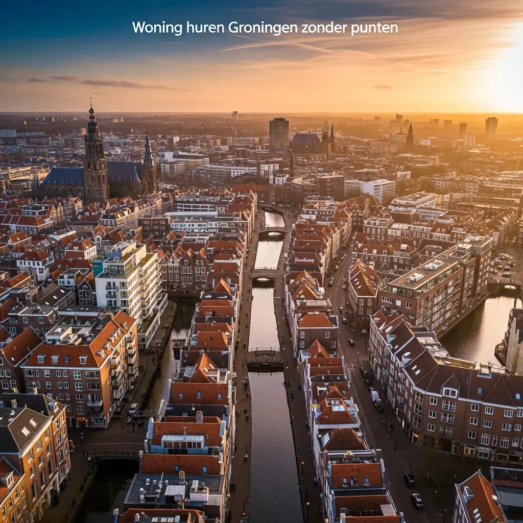 Luchtfoto van de binnenstad van Groningen met karakteristieke grachtenpanden en appartementen, passend bij het thema woning huren in Groningen zonder punten
